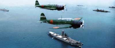 Kate Bombers fly over Yamato at Hashirajima, Summer 1943.